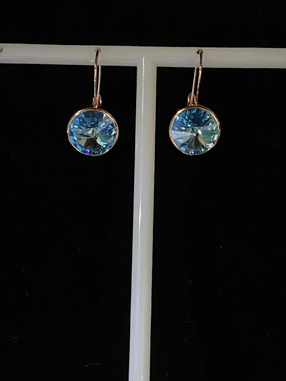 Swarovski Crystal Blue Topaz Earrings Rose Gold Feminine December Birthstone